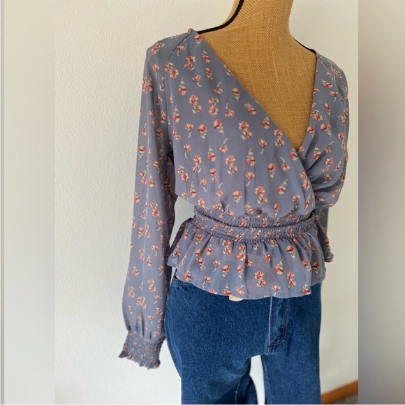 Japna Floral V Neck Shirt Smocked Waist Long Sleeve Womens Blouse - Picture 2 of 8